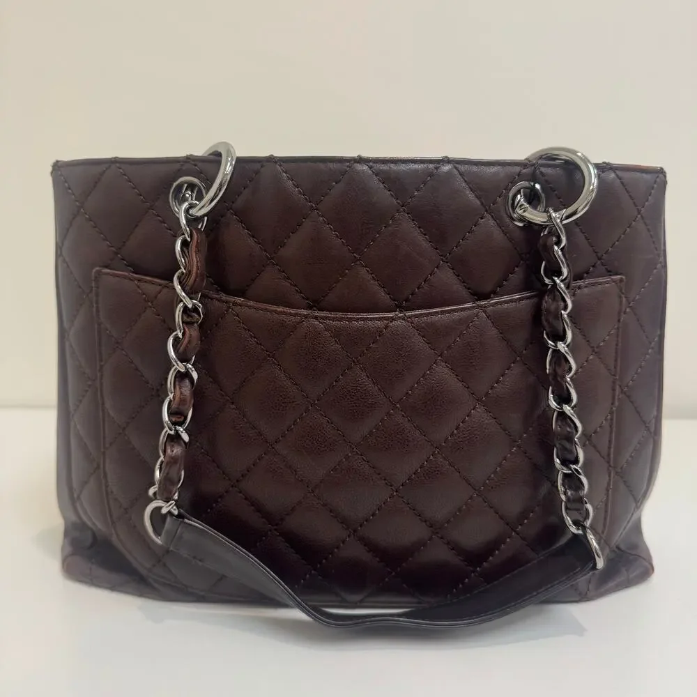 CHANEL Brown Quilted Lambskin Grand Shopping Tote Leather CC Logo Shoulder Bag